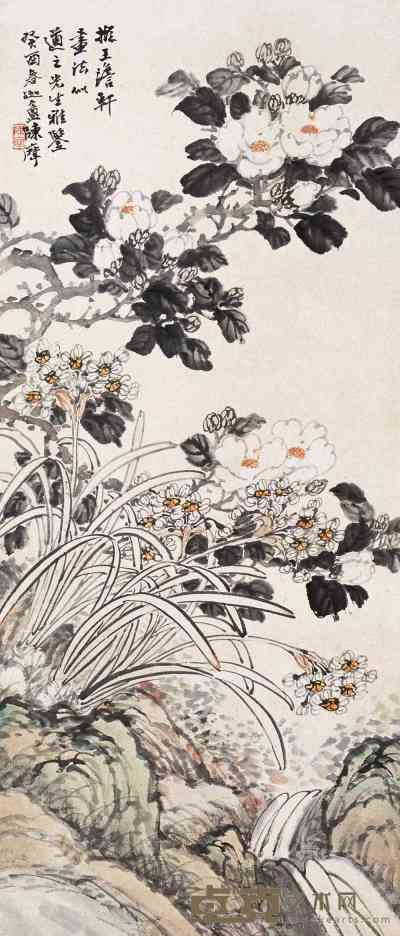 陈摩 1933年作 花卉 108×47cm